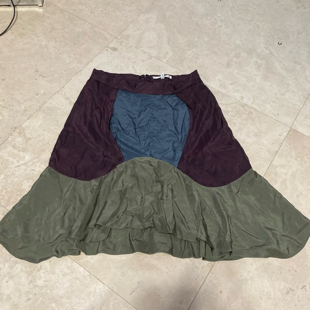Carven Mini skirt Tri color pattern, green, purple, blue, 100% silk